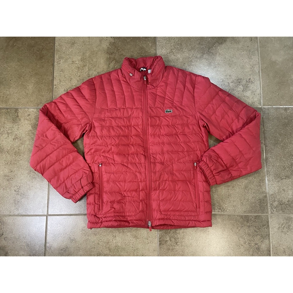 Lacoste Men's M Red Quilted Puffer Jacket Full Zip Stand-Up Collar Logo